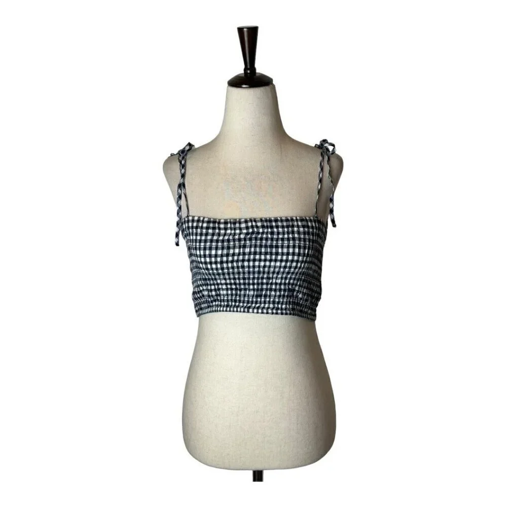 J Crew Shirt Women Small Navy Blue White Cotton Gingham Smocked‎ Cropped Top